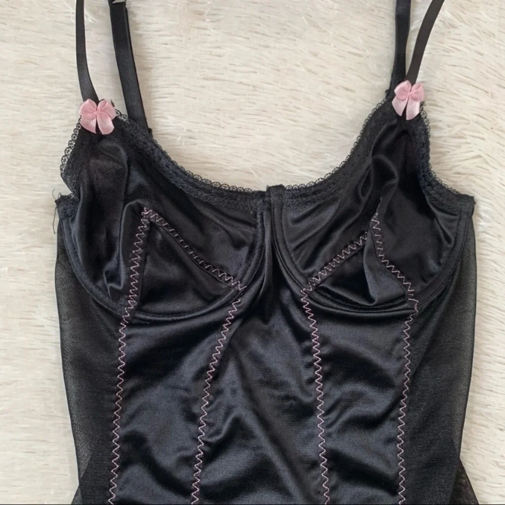 Vintage Y2K Black Satin Corset Style Slip w Pink Trim Set